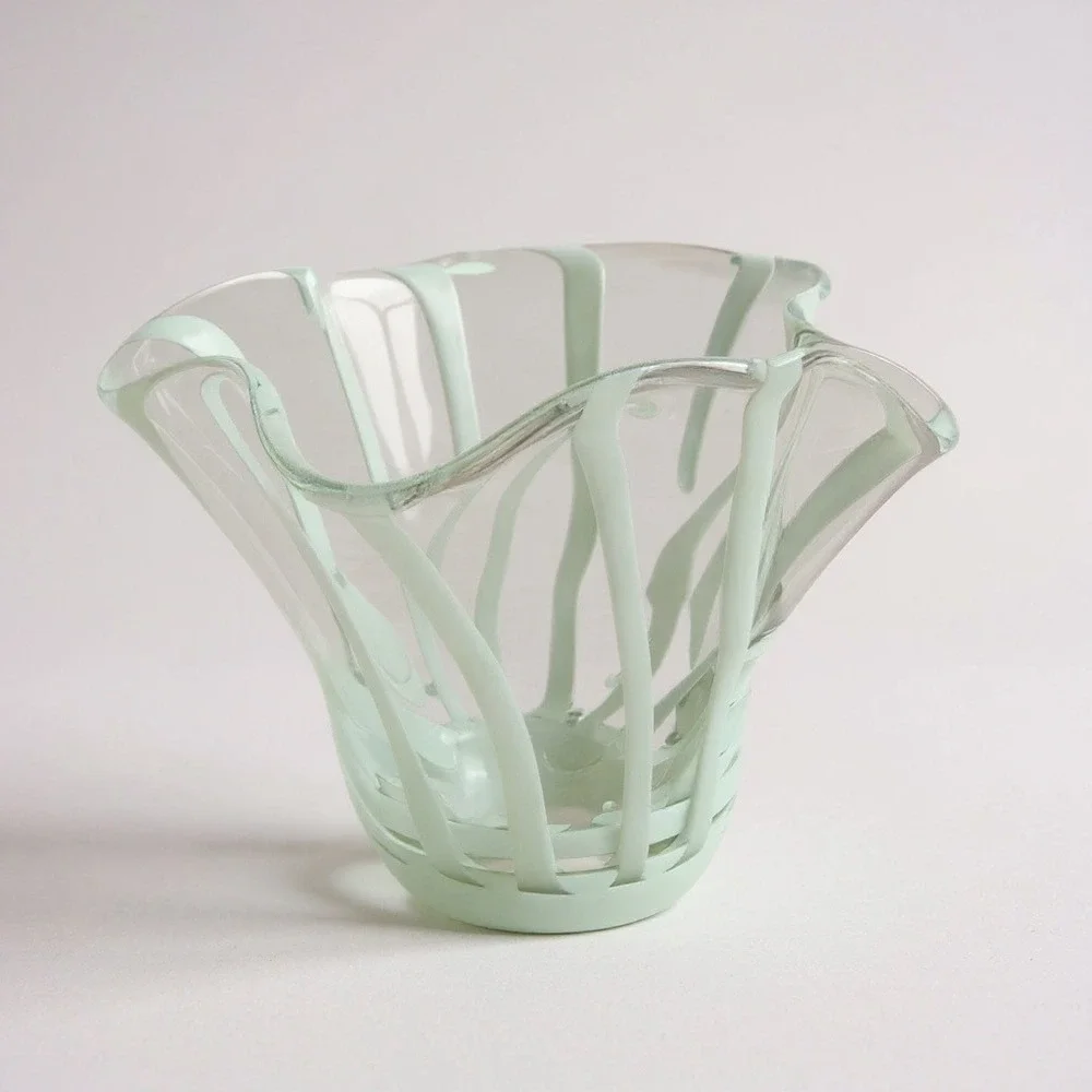 Set of 3 Art Glass Folded Handkerchief Ruffled Vases Clear White Smooth‎ Base